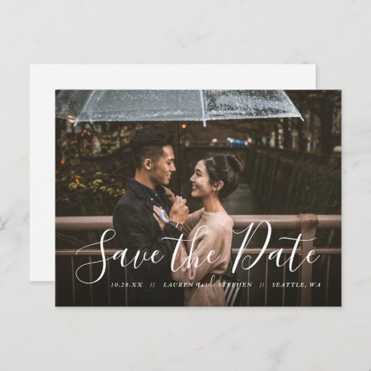 Stijlvolle Script Photo Overlay Save the Date Anno Aankondigingskaart (Voorkant / Achterkant)