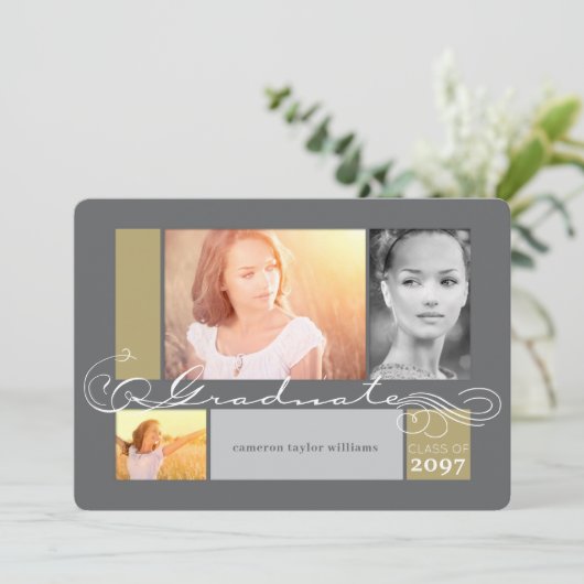 Stijlvolle scrollers 3 Foto Collage Graduparty Kaart (Staand voorkant)
