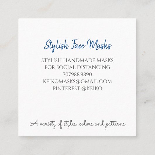 Stijlvolle Seamstress Face Covering Mask Designer Vierkante Visitekaartje (Achterkant)