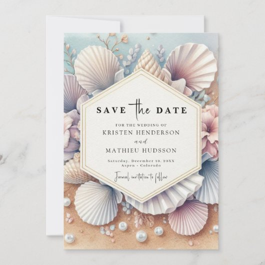 Stijlvolle Seashell Beach bruiloft Save The Date (Voorkant)