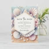 Stijlvolle Seashell Beach bruiloft Save The Date (Staand voorkant)