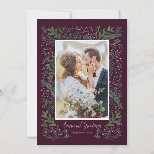 Stijlvolle seizoensroze groene pijnboom met foto feestdagenkaart (Voorkant)