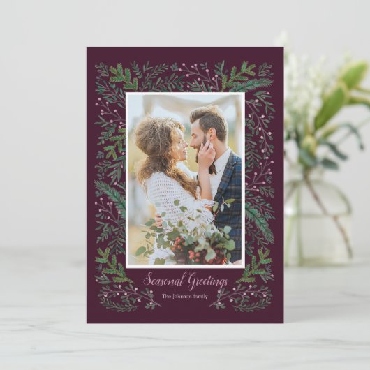 Stijlvolle seizoensroze groene pijnboom met foto feestdagenkaart (Staand voorkant)