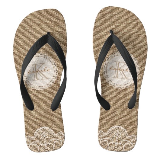 Stijlvolle Shabby Rustic Burlap Lace Wedding Monog Teenslippers (Voetbed)