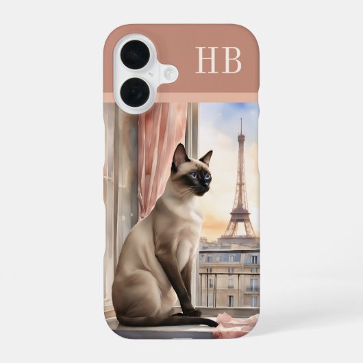 Stijlvolle Siamese Kat Monogram Gepersonaliseerd iPhone 16 Hoesje (Achterkant)