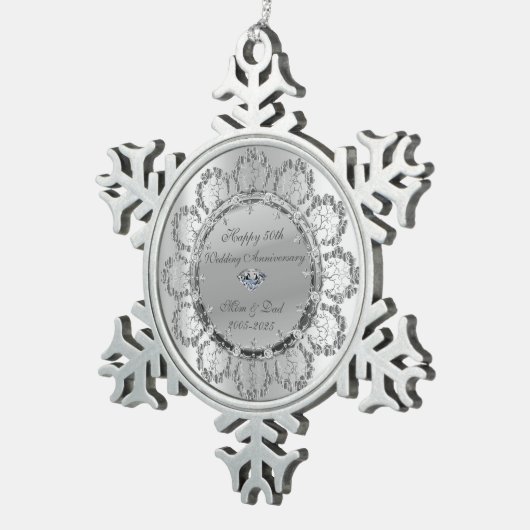 Stijlvolle Silver Floral Swirls bruiloft Jubileum Tin Sneeuwvlok Ornament (Rechts)