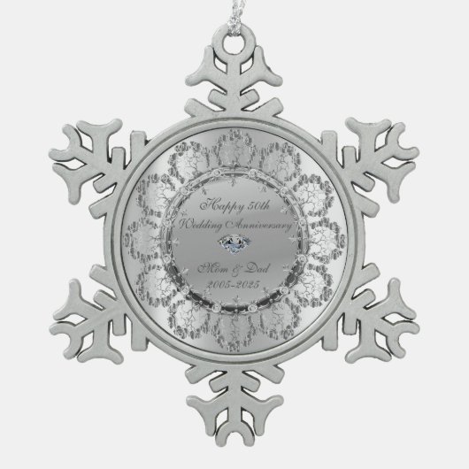 Stijlvolle Silver Floral Swirls bruiloft Jubileum Tin Sneeuwvlok Ornament (Voorkant)