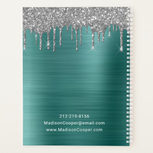 Stijlvolle Silver Glitter Drip Green Afspraken Planner (Achterkant)