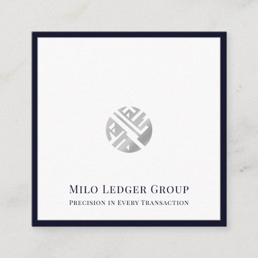 Stijlvolle Silver Logo Navy Blue Border Vierkante Visitekaartje (Voorkant)