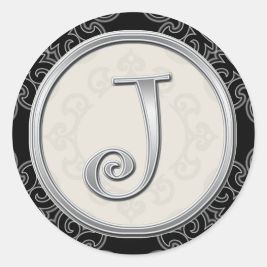 Stijlvolle Silver Monogram Stickers::Initiaal J Se Ronde Sticker (Voorkant)