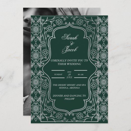 Stijlvolle smaragdgroene en witte bruiloft kaart (Voorkant / Achterkant)