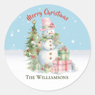 Stijlvolle Sneeuwman (Dame) Watercolor Kerstboom Ronde Sticker