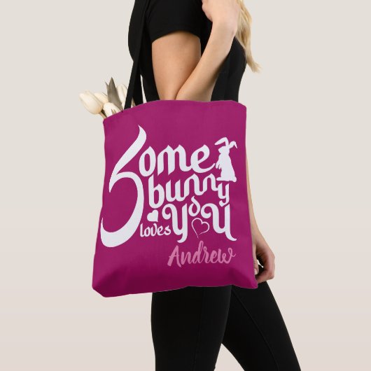Stijlvolle Somebunny Magenta White Bunny Typograph Tote Bag (Dichtbij)