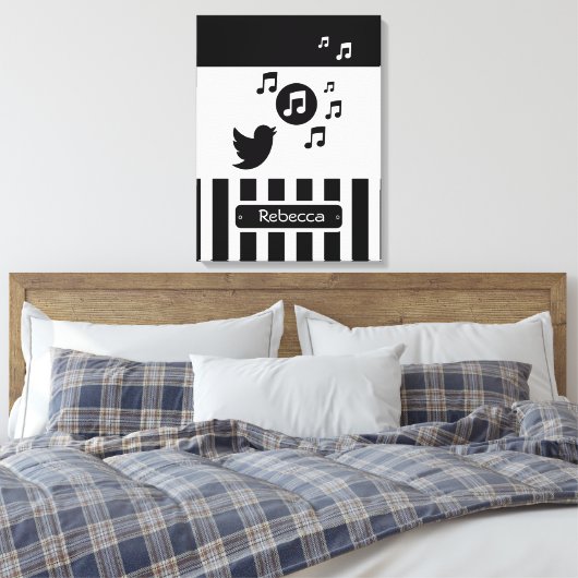 Stijlvolle Songbird Black White - Aangepaste strep Canvas Afdruk (Insitu (Slaapkamer))