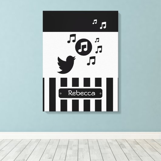 Stijlvolle Songbird Black White - Aangepaste strep Canvas Afdruk (Insitu (Houten vloer))