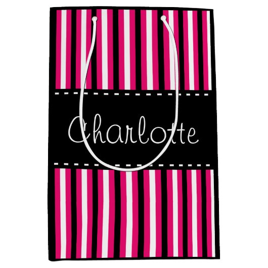 Stijlvolle, speciaal uitgeruste zwarte witte roze  medium cadeauzakje (Voorkant)