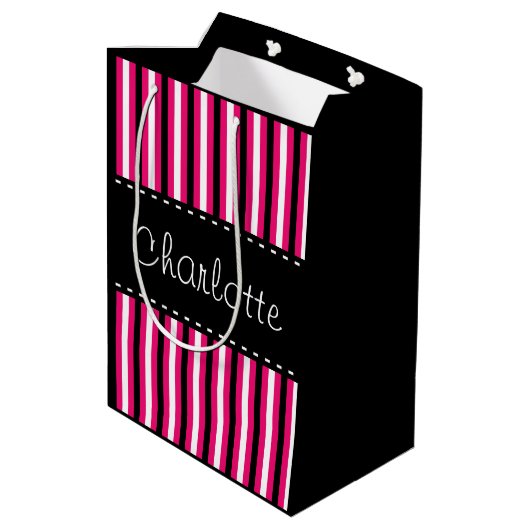 Stijlvolle, speciaal uitgeruste zwarte witte roze medium cadeauzakje (Achterkant Gekanteld)