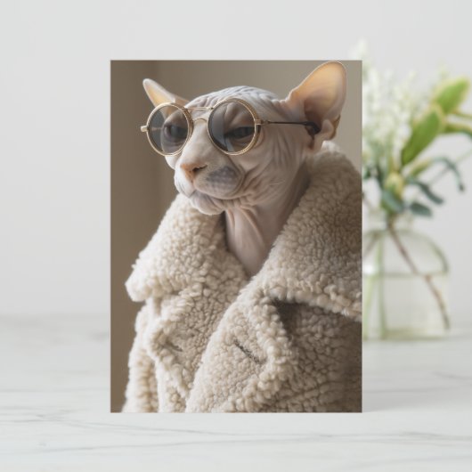 Stijlvolle Sphynx Cat in zonnebril en Sherpa Coat Kaart (Staand voorkant)
