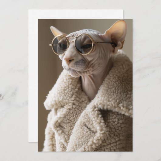 Stijlvolle Sphynx Cat in zonnebril en Sherpa Coat Kaart (Voorkant / Achterkant)