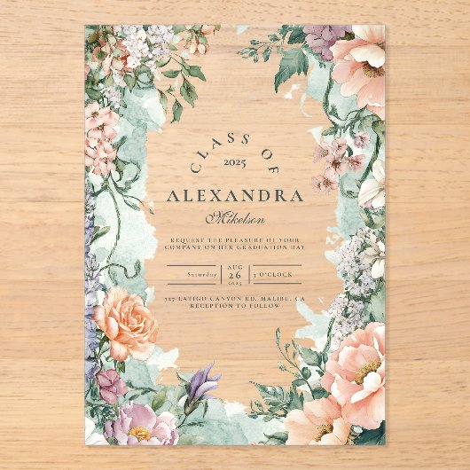 Stijlvolle Spring Wildflower Afstudeerfeest Acryl Uitnodigingen (Voorkant)