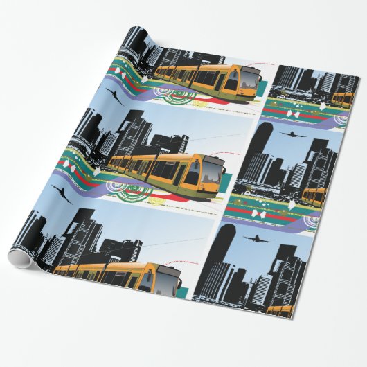 Stijlvolle stadstram transportkunst cadeaupapier (Uitgerold)