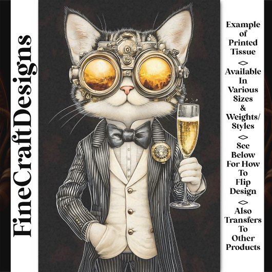 Stijlvolle Steampunk Cat + Champagne AG9 Decoupage Tissuepapier