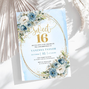 Stijlvolle Stofblauwe Bloemige Gouden Sweet 16 Uit Kaart