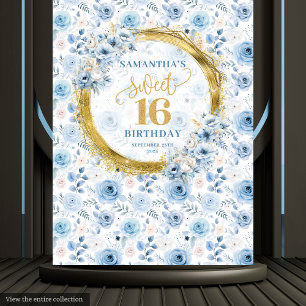 Stijlvolle Stofblauwe Sweet 16 Gouden Glitterfeest Wandkleed