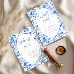 Stijlvolle Stofblauwe Toile Rozen Huwelijk RSVP Ka Kaartje