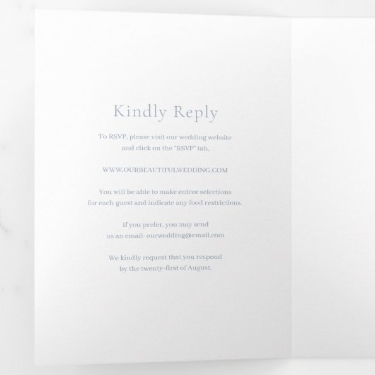 Stijlvolle stoffige blauwe moderne bruiloft drieluik uitnodiging (Binnenzijde eerst)