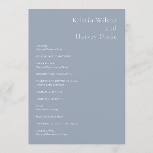 Stijlvolle stoffige blauwe moderne bruiloft programmakaart (Voorkant)