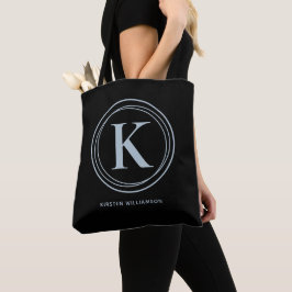 Stijlvolle stoffige blauwe monogram naam zwart tote bag