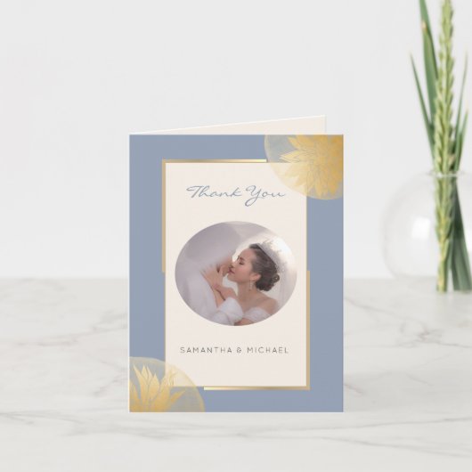 Stijlvolle stoffige blauwe trouwfoto dank u bedankkaart (Voorkant)
