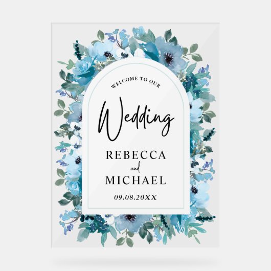 Stijlvolle stoffige blauwe witte bloemen bruiloft  acryl bord (Voorkant)