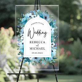 Stijlvolle stoffige blauwe witte bloemen bruiloft  acryl bord