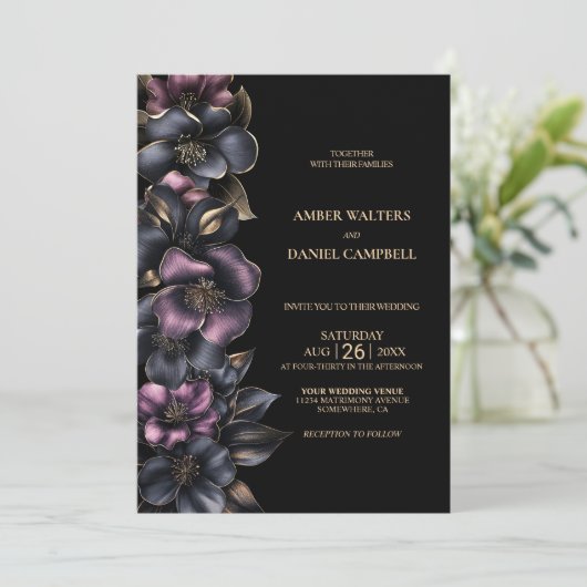 Stijlvolle stoffige roze en grijze bloemenbruiloft kaart (Staand voorkant)