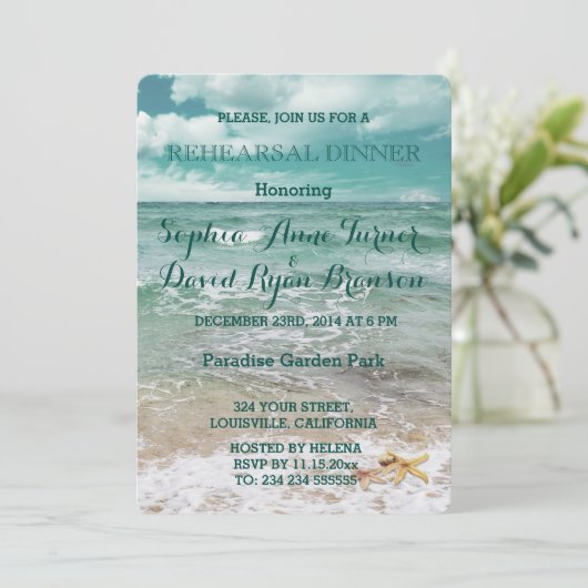 Stijlvolle Strand Zeester Bruiloft REHEARSAL DINER Kaart (Staand voorkant)