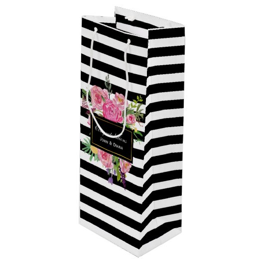 Stijlvolle strepen en bloemen Wijntas Wijn Cadeautas (Voorkant Gekanteld)