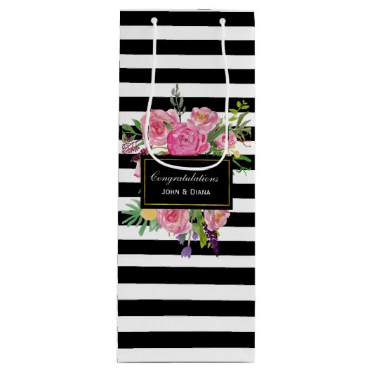 Stijlvolle strepen en bloemen Wijntas Wijn Cadeautas (Voorkant)