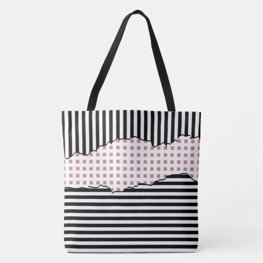 Stijlvolle strepen Net gelaagd zwart, wit en roze Tote Bag (Voorkant)