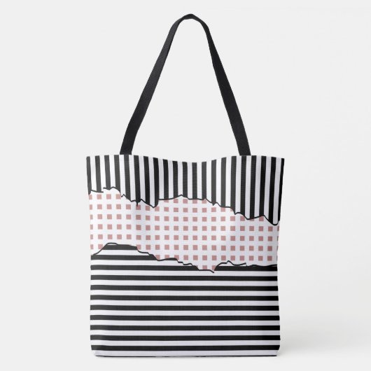 Stijlvolle strepen Net gelaagd zwart, wit en roze Tote Bag (Achterkant)