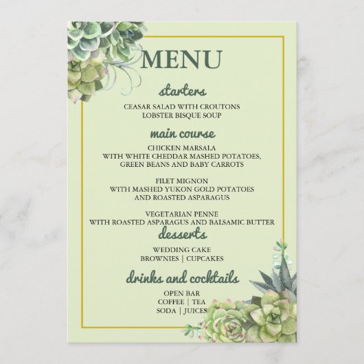 Stijlvolle Succulente Bruiloft Menu (Voorkant)