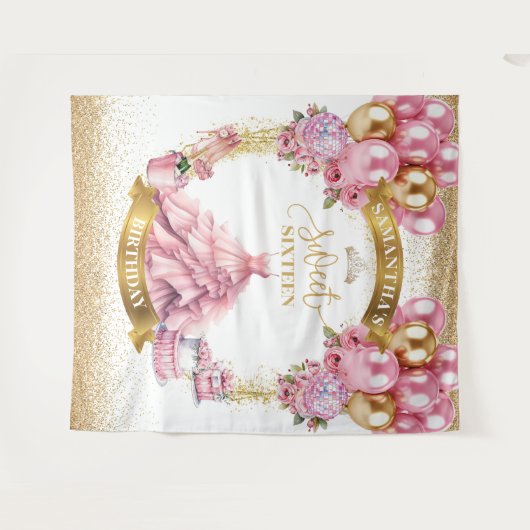 Stijlvolle Sweet 16 Achtergrond Roze Jurk Goud Tia Wandkleed (Voorkant (horizontaal))