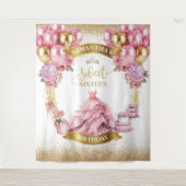 Stijlvolle Sweet 16 Achtergrond Roze Jurk Goud Tia Wandkleed (Voorkant)