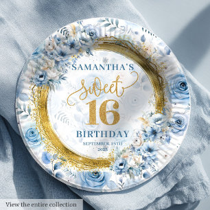 Stijlvolle Sweet 16 Pastel Blue Gold Glitter Borde Papieren Bordje