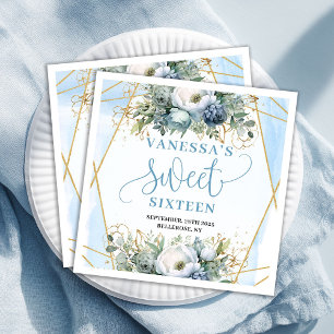 Stijlvolle Sweet Sixteen Blauwe en Gouden Bloemige Servet