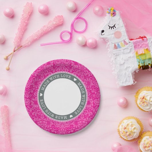 STIJLVOLLE TAFEL damast gemaakt met liefde grijs r Papieren Bordje (Feest)