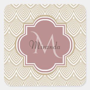 Stijlvolle Tan Arched Scallops Mauve Monogram Naam Vierkante Sticker