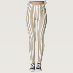 Stijlvolle Taupe Gestreepte Waterverf Madeliefjes  Leggings