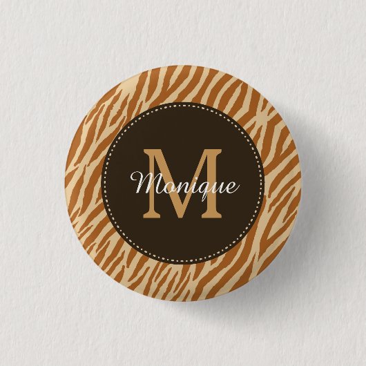 Stijlvolle Tawny Brown Zebra Print Monogram en naa Ronde Button 3,2 Cm (Voorkant)